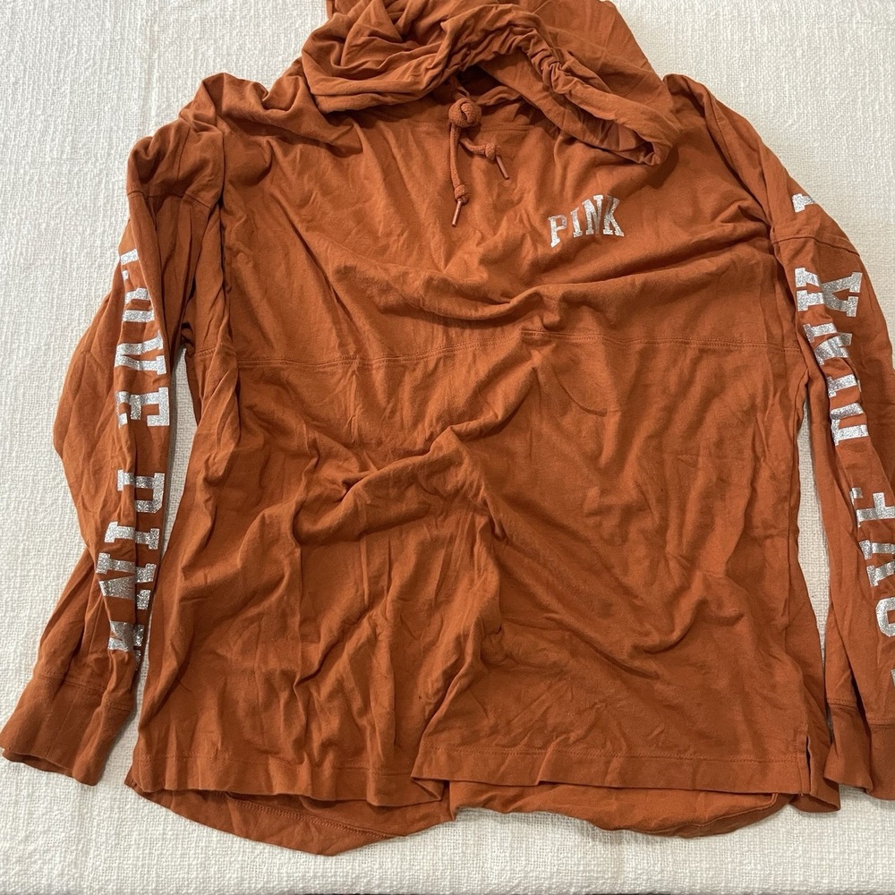 Victorias Secret PINK Medium Varsity Crew Shirt Orange Oversized‎ Sparkle EUC